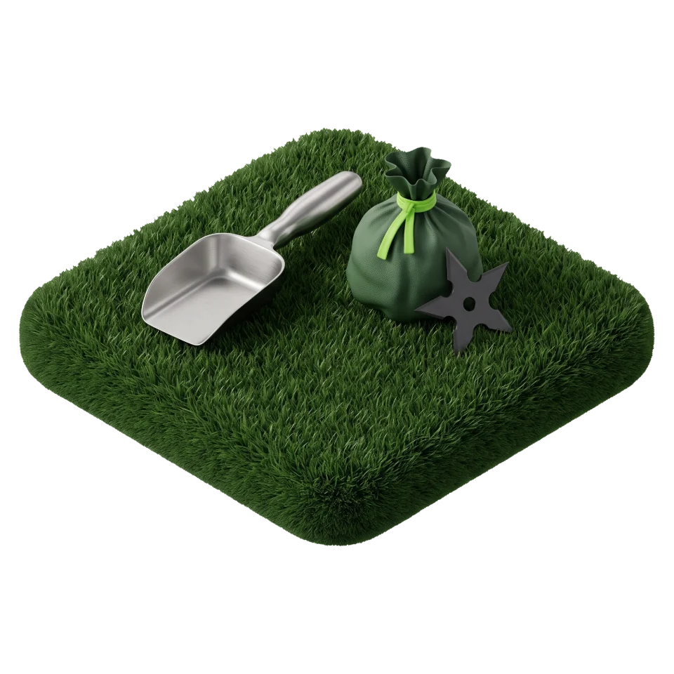 Scoop, waste bag, and throwing star on a square of lawn